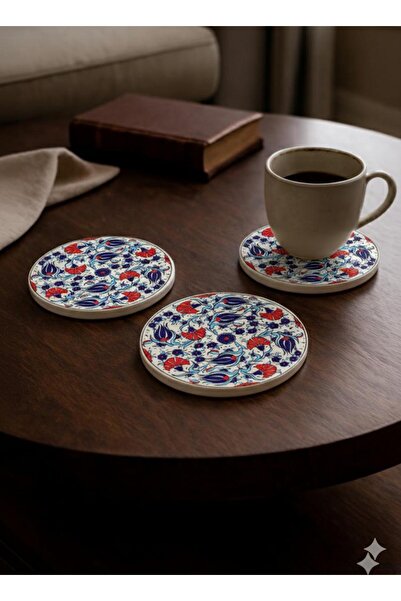 Eren Çini Seramiği 3-Piece Handmade Tile Patterned Ceramic Coasters – Heat Re...