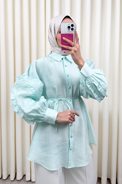 Salih Çelebi Cămașă cu mâneci cu volane 0061 - VERDE MENTĂ