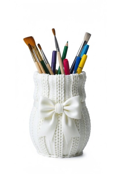 Plodna House 3D Decorative Vase & Organizer with Bowknot and Knitted Look