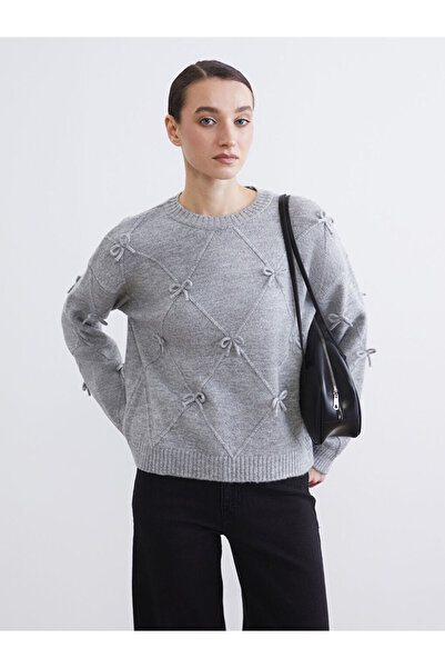 LC Waikiki Lcw Modest Gray Crew Neck Bowknot Women's Knitwear Sweater