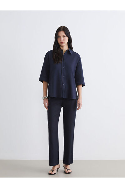 LC Waikiki Pantaloni de damă cu textura elastică în talie bleumarin