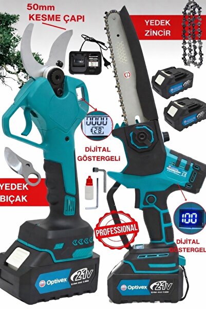 OPTIVEX Dijital Göstergeli 21v 3a Kömürsüz Dal Budama Testere Makas Teleskobi...