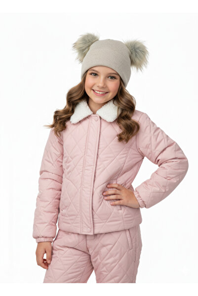 Oppland Girl's Winter Beanie with Double Pom-Poms, Cotton Knitted Model, Fold...