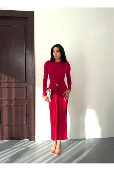 LİSAA BUTİK Crew Neck Accessory Detailed Long Sleeve Dress