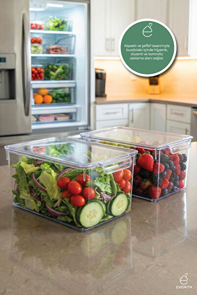 EVONİTA 2'Lİ XXL Kapaklı Şeffaf Büyük Buzdolabı Düzenleyici Saklama Kabı 32.5...