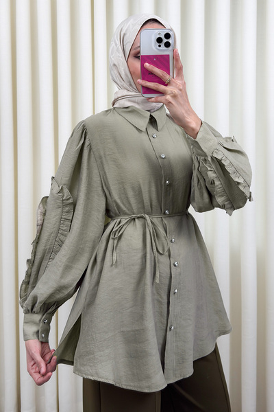 Salih Çelebi Cămașă cu mâneci cu volane 0061 - KHAKI