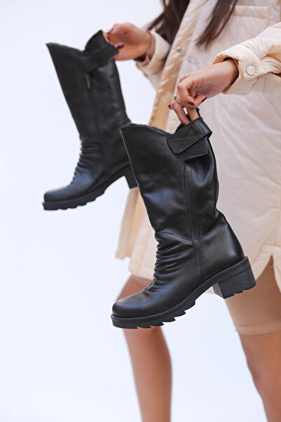 ELİT SHOES حذاء شتوي نسائي من الجلد الطبيعي من برونا بتفاصيل فرو داخلي أسود S002