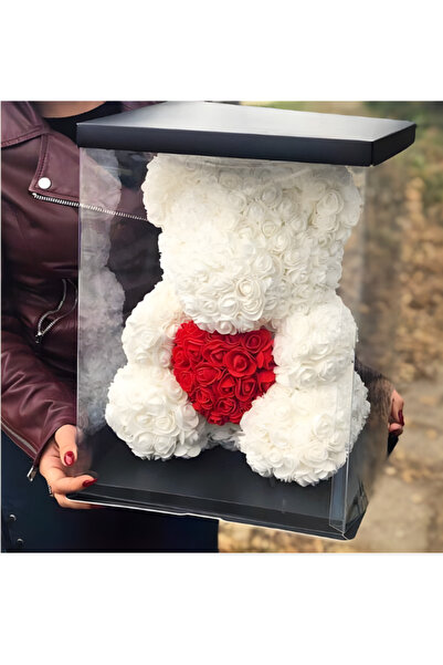 Flashmarket Teddy Bear made of Foam Roses, WHITE floral with red heart, handm...