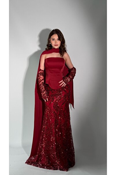 AYŞENUR DİNÇER Meliora Kuşaklı Eldiven Detaylı Abiye Kırmızı