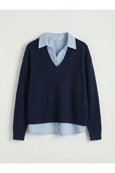 LC Waikiki Navy blue striped collar women's knit sweater