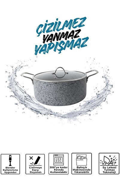 Jenisa Stone-H 24 cm Non-Scratch Fireproof Non-Stick Deep Pot - Pot with Glas...