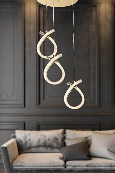 Begüsa Vena 3 Renk Ledli Salon-Oturma Odası Sarkıt 3.Lü Avize Gold