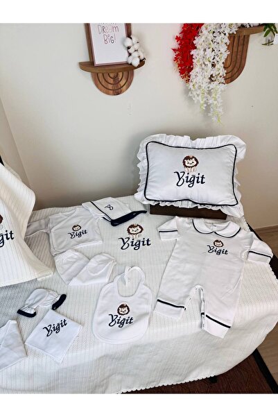 KARSU TASARIM Aslan İşlemeli İsimli Hastane Çıkış Seti, Takı Yastığı ve Puset Örtüsü %100 Pamuk 12 Parça 0-3 Ay