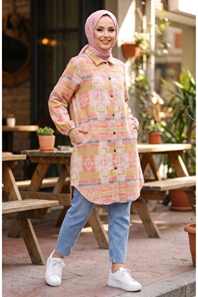 sefamerve Ethnic Patterned Buttoned Lumberjack Winter Tunic 2504-01 Mustard Tile