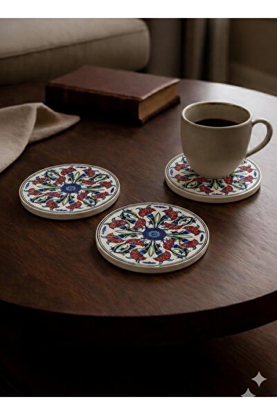 Eren Çini Seramiği 3-Piece Handmade Tile Patterned Ceramic Coasters – Heat Re...
