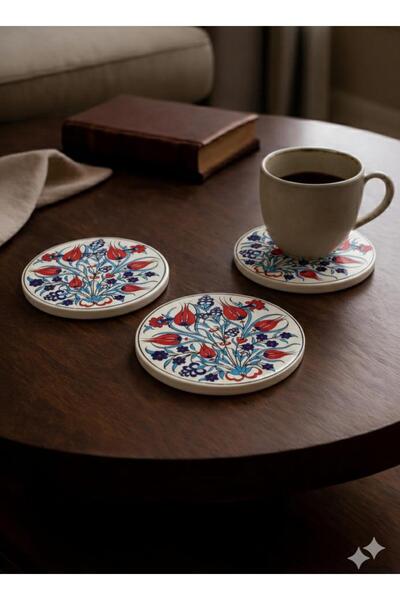Eren Çini Seramiği 3-Piece Handmade Tile Patterned Ceramic Coasters – Heat Re...