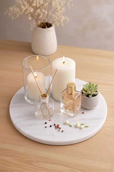 Marbello Beyaz Mermer Servis Tabağı 30 cm – Yuvarlak Dekoratif Sunum & Supla