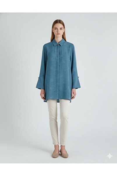 Meşe Moda Women's Modern Cut Petrol Blue Jacquard Shirt - Tunic