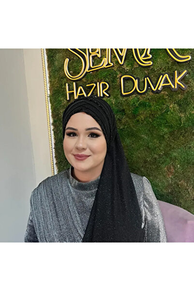semahazırduvak Siyah Simli Taşlı Aksesuarlı Model hazır türban hazır şal abiy...