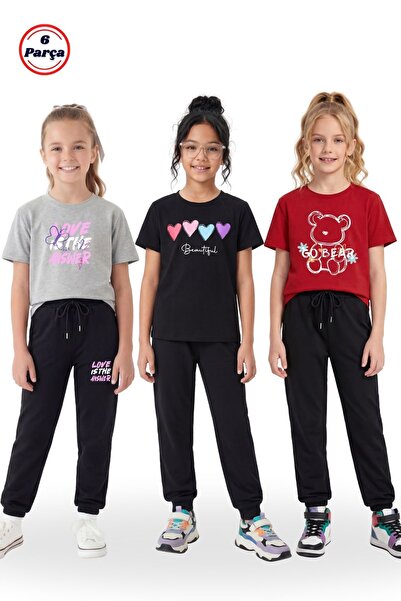 FYK COLLECTİON 3-Piece Assorted Print Detailed Crew Neck Girls' 6-Piece Top a...