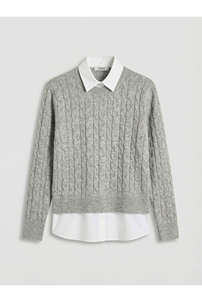 LC Waikiki Gray Shirt Collar Self-Patterned Women's Knitwear Sweater