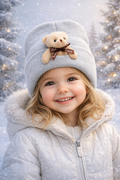 Muraty قبعة أطفال مرنة من الصوف مع تفاصيل دب قطيفة، قبعة للبالغين من الجنسين ...