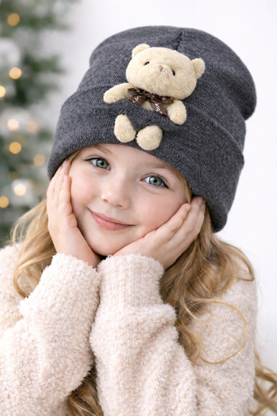 Muraty قبعة أطفال مرنة من الصوف مع تفاصيل دب قطيفة، قبعة للبالغين من الجنسين ...
