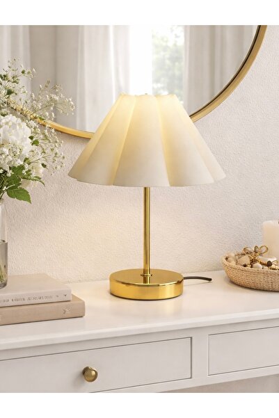 burenze Burro Modern Abajur Ekru Saten Kumaş Metal Eskitme Gold Gövde