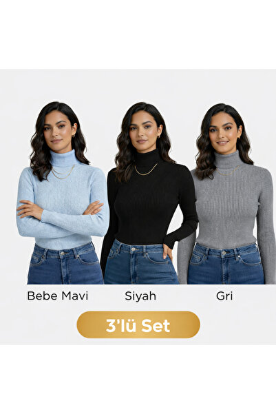 nacar çarşı Women's Turtleneck Corded Fabric Knitwear Blouse Set of 3 – Black...