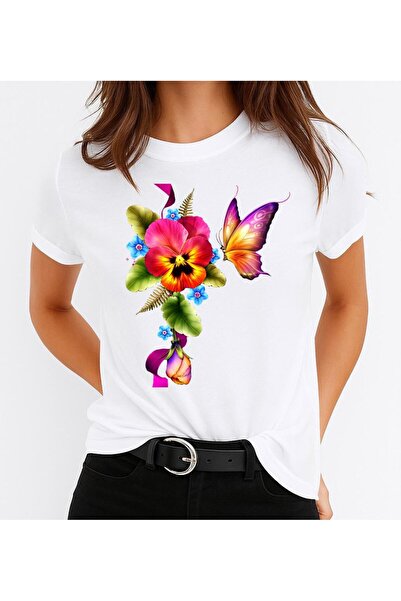OEM Women's Cotton T-Shirt 100% Flower And Butterfly