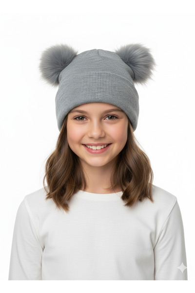 Oppland Beretă de iarnă pentru fetiță, cu pompon dublu, tricotat din bumbac, ...