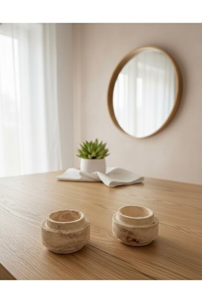 Silver 2'li Doğal Taş Dokulu Dekoratif Mumluk Seti - Ham Tasarım Tealight Tutucu