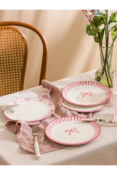 LC Waikiki LCW HOME Pembe Fiyonk Baskılı Seramik Pasta Tabağı 4'lü 21 Cm