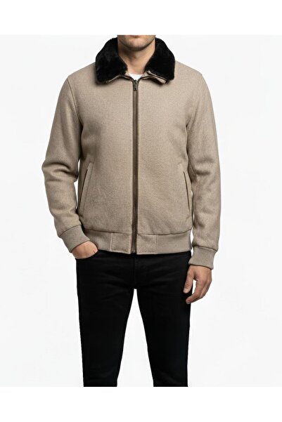 TerziAdemAltun Italian Style S Slim Fit Zipper Fur Collar Leather Trim Coat B...