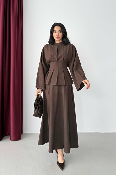 Serica Moda Brown Waist-Tied Blouse Skirt Set with Tie Back