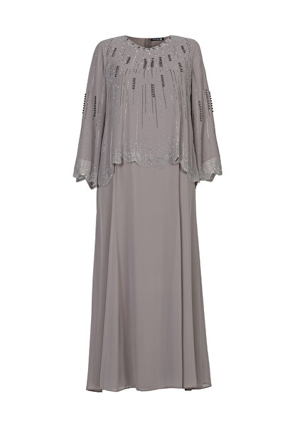 MİYORO Laser Cut Plus Size Chiffon Evening Dress with Stick Stone Detail