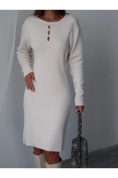 Maysev Bisiklet Yaka Cut Out Detaylı Slim Fit Midi Triko Elbise
