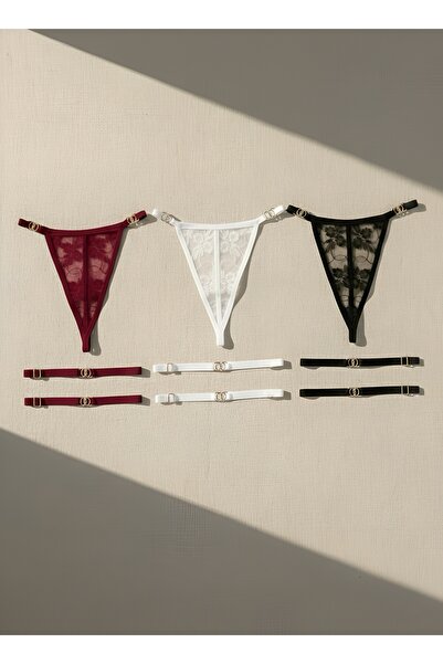 Maly Love Women's 3-Pack Burgundy Black White Gold Accessory Thong Leg Band Set