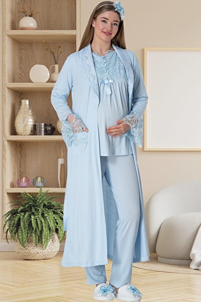 Mecit Pijama طقم بيجامة للحوامل باللون الأزرق من Mecit 5416 مع ثوب طويل