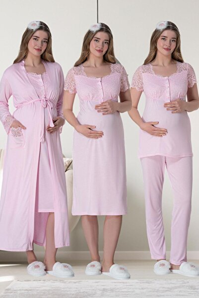 Mecit Pijama طقم بيجامة وقميص نوم طويل وردي اللون من ميسيت 6065 للحوامل