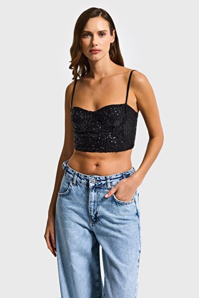 it's basic Women's Black Color Sequin Detailed Strap Bustier