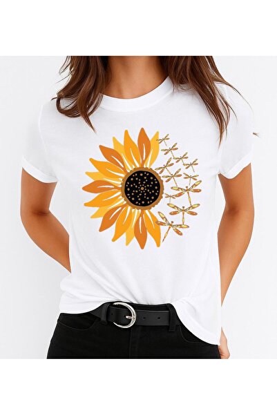 OEM Women's T-shirt 100% Cotton Flower and Dragonfly