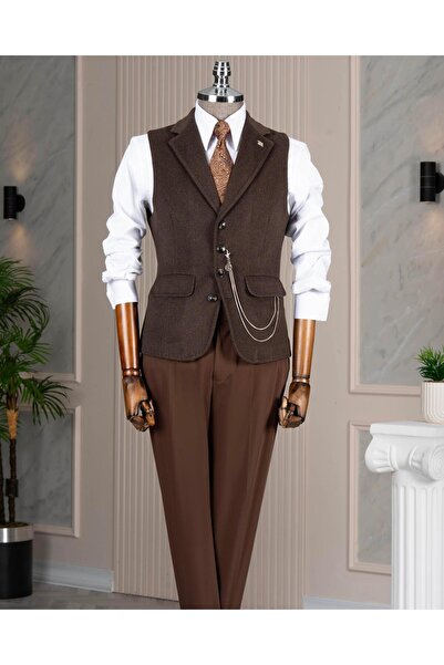 TerziAdemAltun Italian Style Mono Collar Cashmere Pocket Vest Brown T20014-03