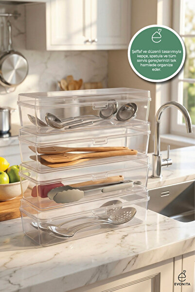 EVONİTA 4'Lü Büyük Boy Şeffaf Kapaklı Düzenleyici Saklama Kutusu Uzun Mutfak ...