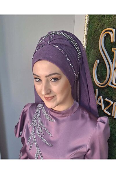 semahazırduvak Koyu Lila simli duvaklı aksesuarlı model hazır türban hazır şa...