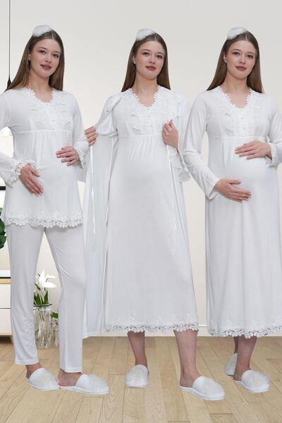 Mecit Pijama Mecit 1519 Ecru Maternity Dressing Gown Nightgown Pajama Set