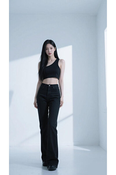 sion jeans جينز نسائي أسود عالي الخصر بنطلون واسع الأرجل