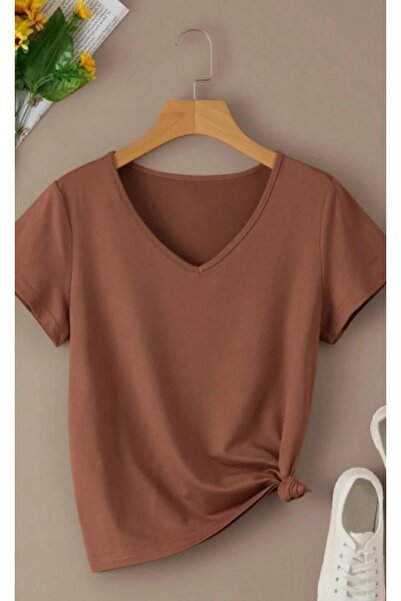 MODAGEN Kadın Kahverengi V yaka Regular T-shirt