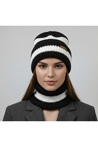 Çimen Butikk Hand Knitted Black and White Unisex Beanie Neck Collar Set