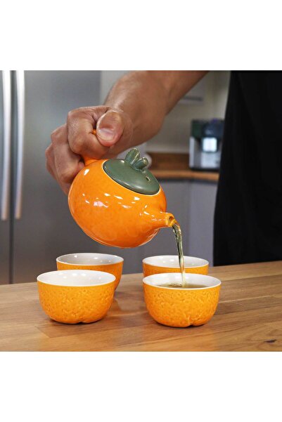 OEM Orange Summer Ceramic Teapot Set with Metal Handle and 4 Oriental Style C...